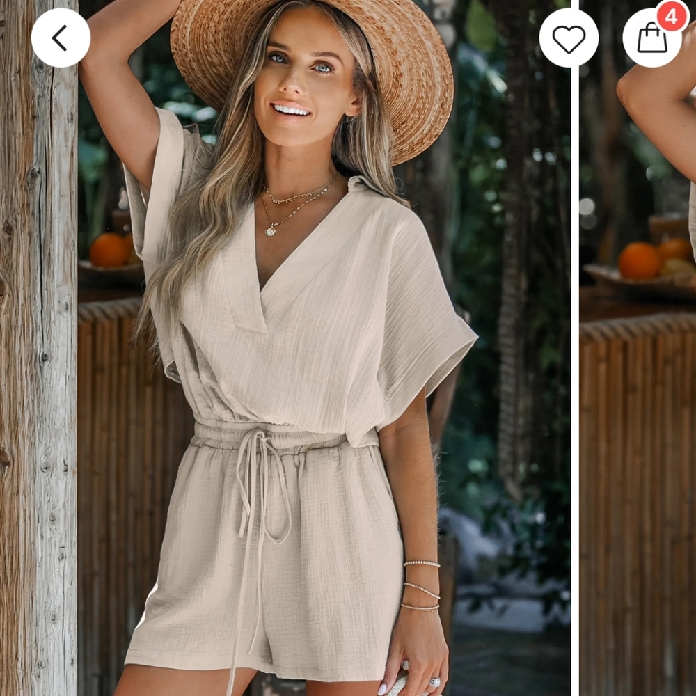 Beige V-Neck Drawstring Short Sleeve Cupshe Romper S
